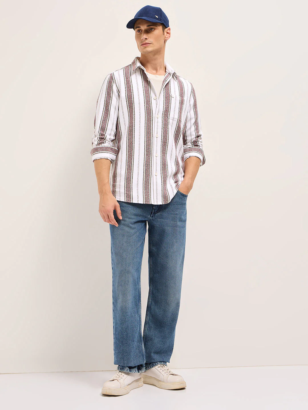 Men White Vertical Stripe Woven Flannel Slim Fit Casual Shirt - Image 4