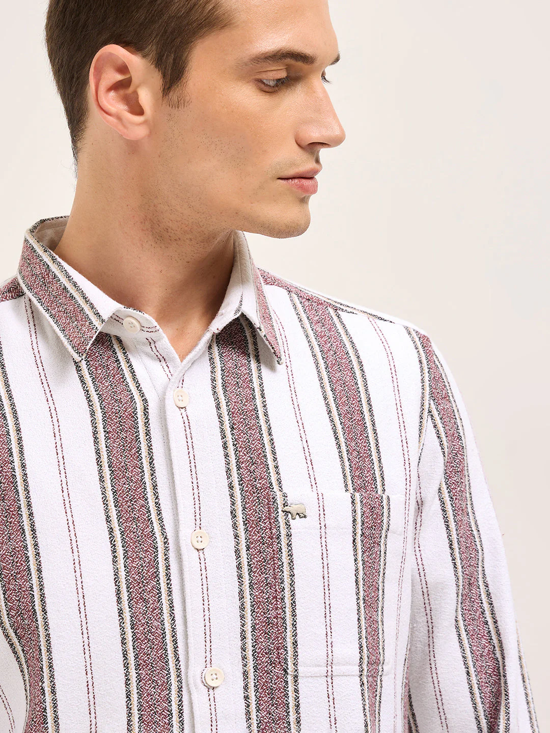 Men White Vertical Stripe Woven Flannel Slim Fit Casual Shirt - Image 5