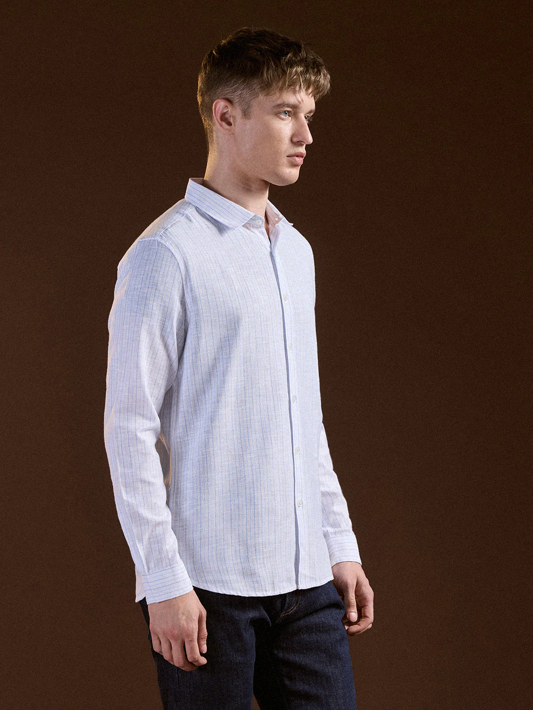 Men White Vertical Stripes Slim Fit Casual Shirt - Image 3