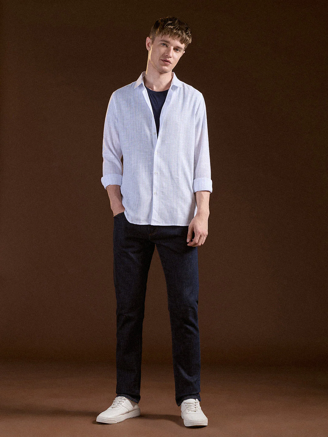Men White Vertical Stripes Slim Fit Casual Shirt - Image 4