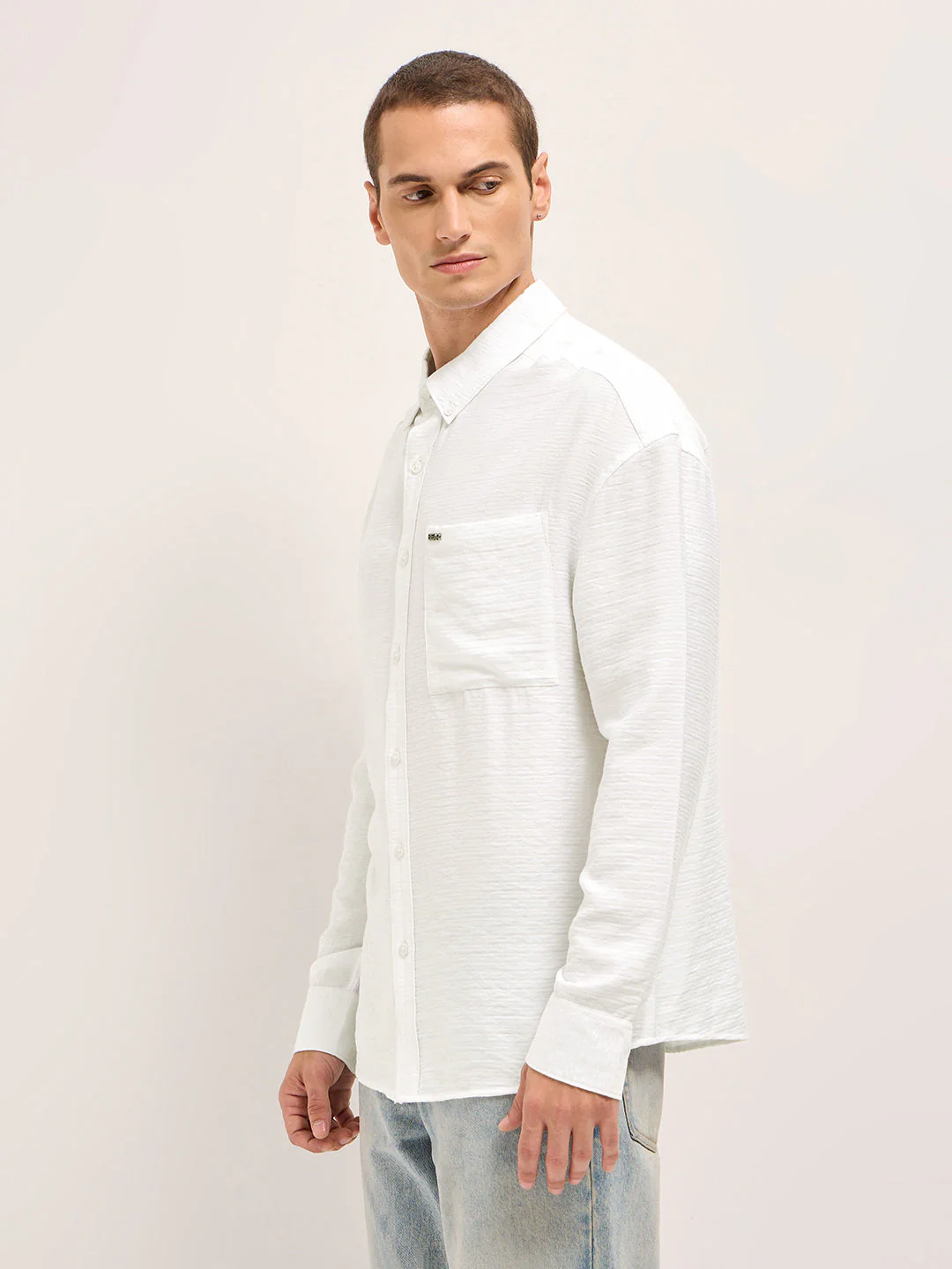 Men White Viscose Herringbone Design Relax Fit Casual shirt - Image 3