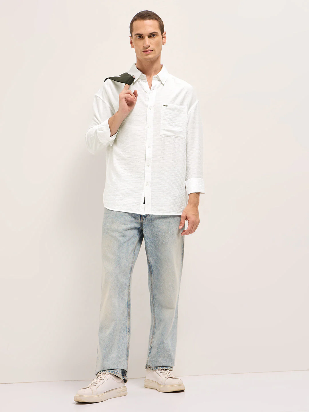 Men White Viscose Herringbone Design Relax Fit Casual shirt - Image 4