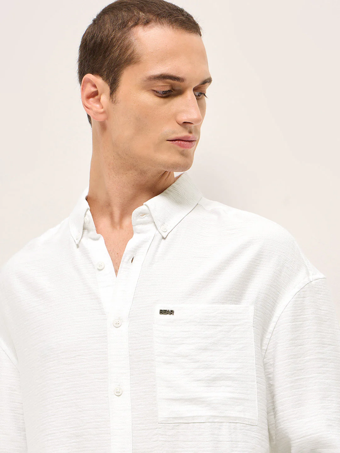 Men White Viscose Herringbone Design Relax Fit Casual shirt - Image 5