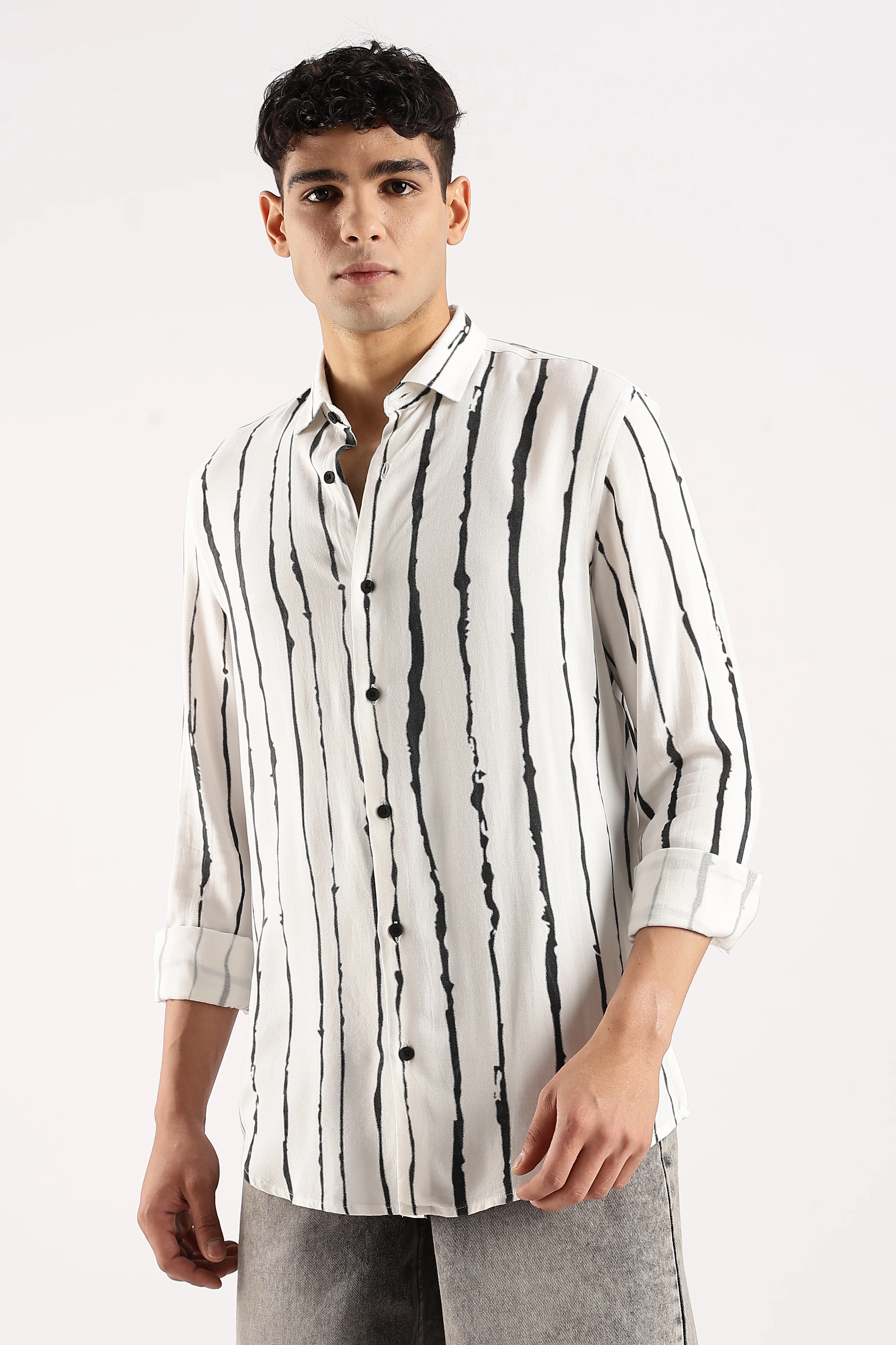 Men White Viscose Striped Shirt - Image 2