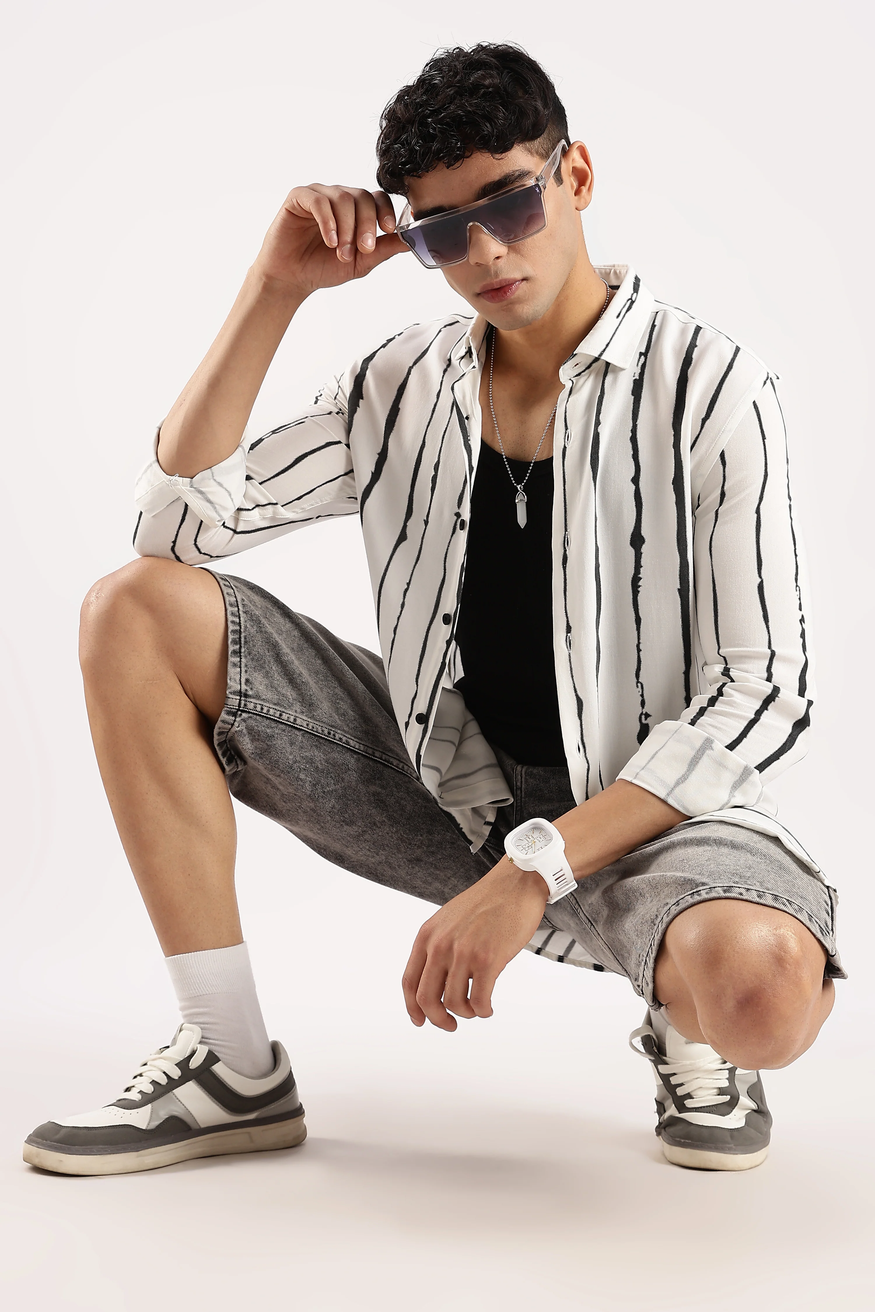 Men White Viscose Striped Shirt - Image 9