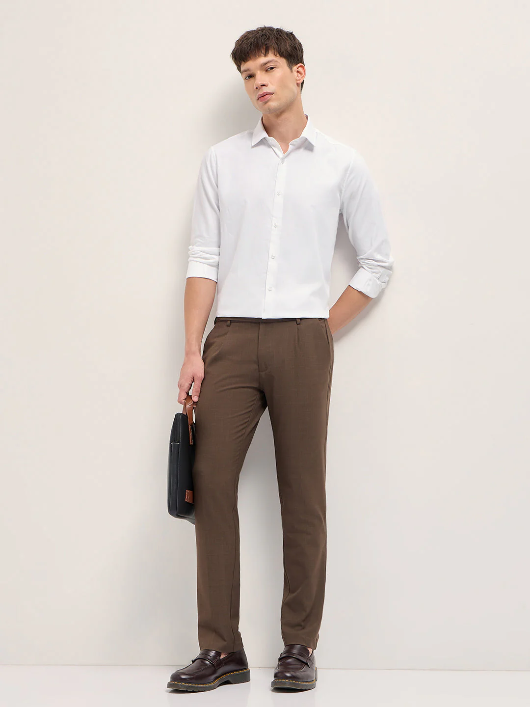 Men White Woven Design Polyester Blend Tailored Fit Formal Shirt - Image 4