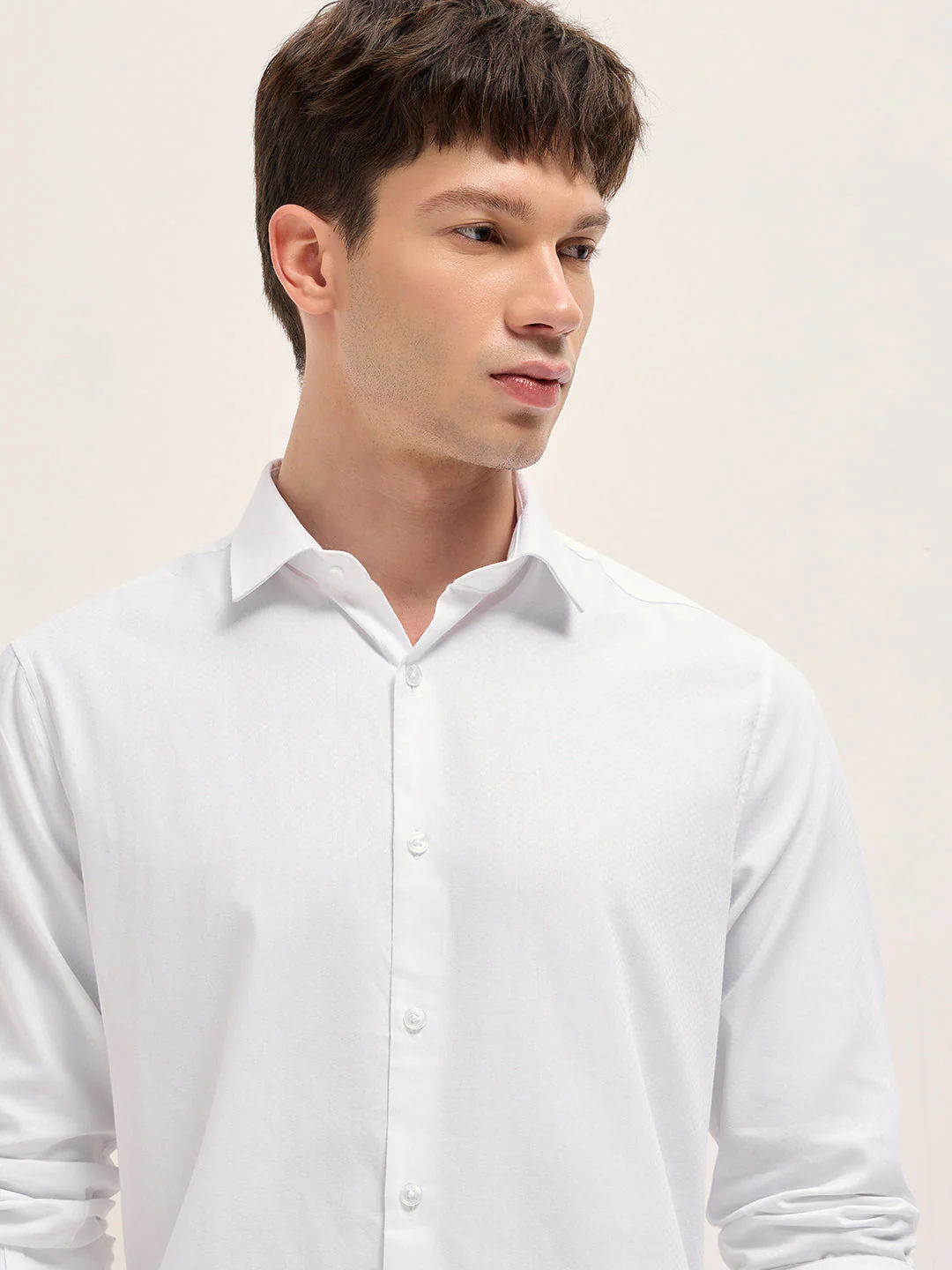Men White Woven Design Polyester Blend Tailored Fit Formal Shirt - Image 5