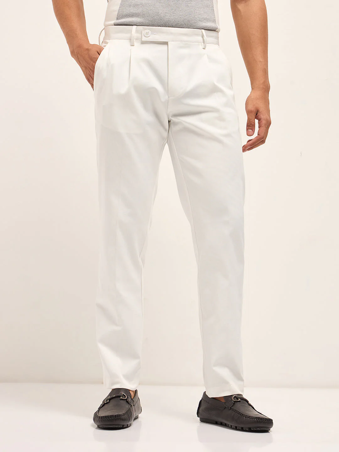 Men White Woven Design Regular Fit Formal Trousers - Image 7