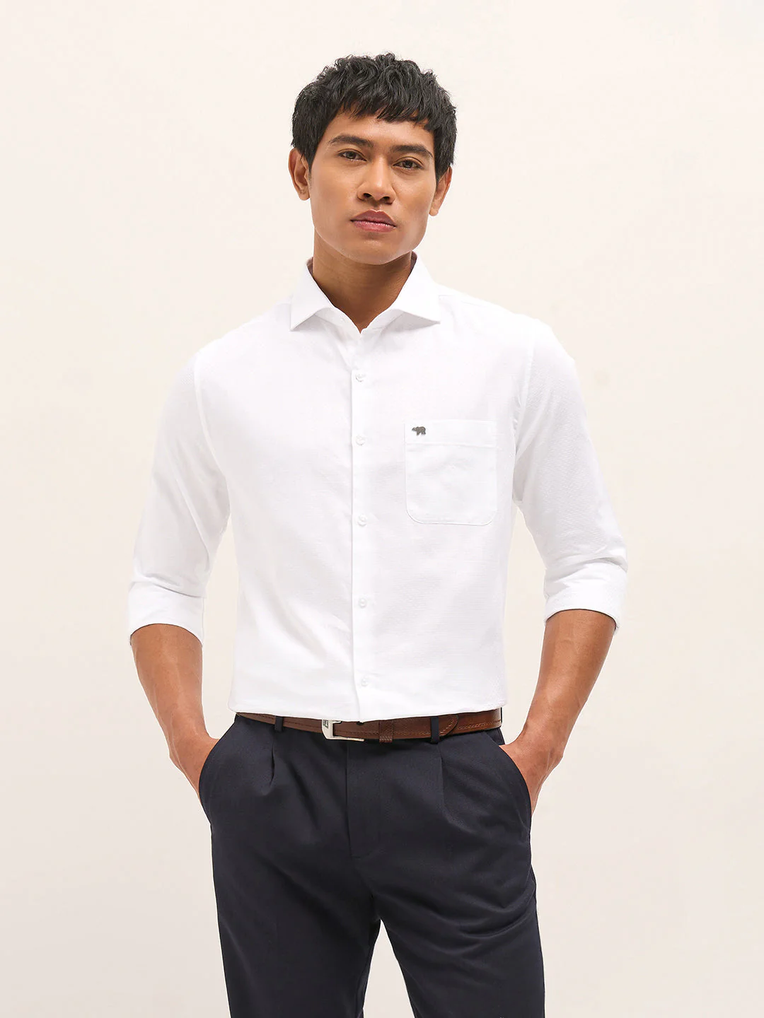 Men White Woven Pattern Cotton Tailored Fit Formal Shirt