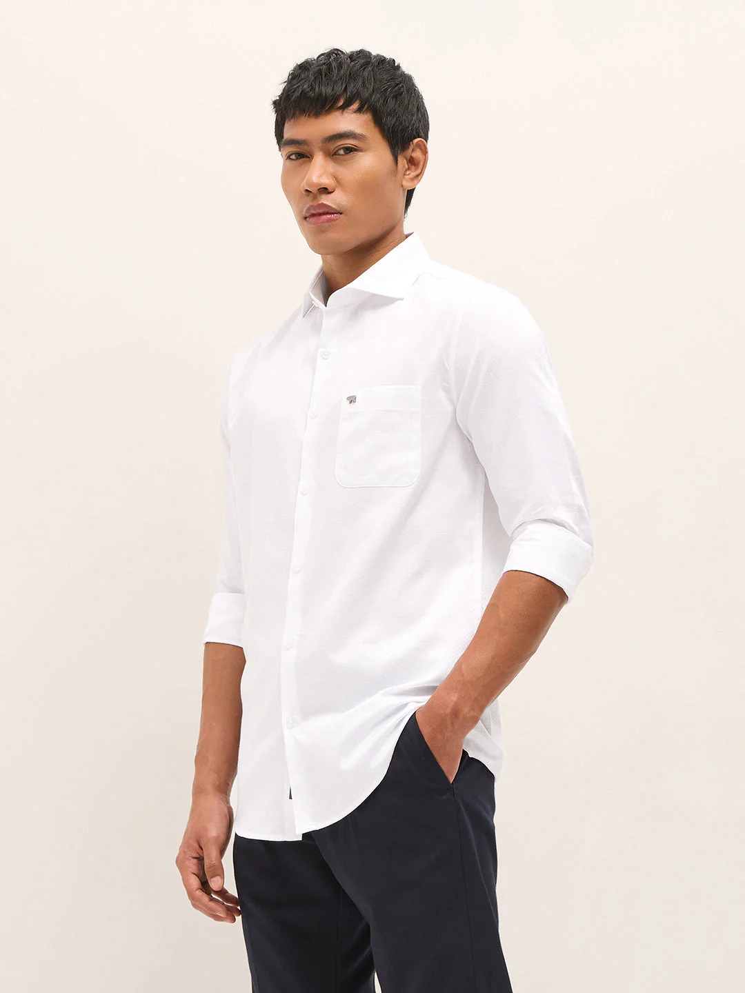 Men White Woven Pattern Cotton Tailored Fit Formal Shirt - Image 3