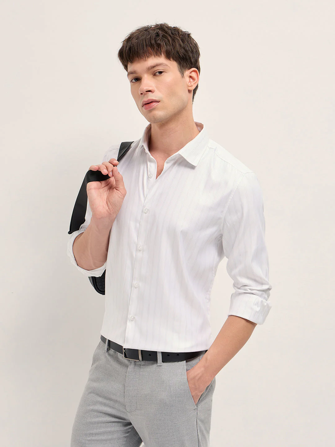 Men White Woven Stripe Pattern Tailored Fit Formal Shirt