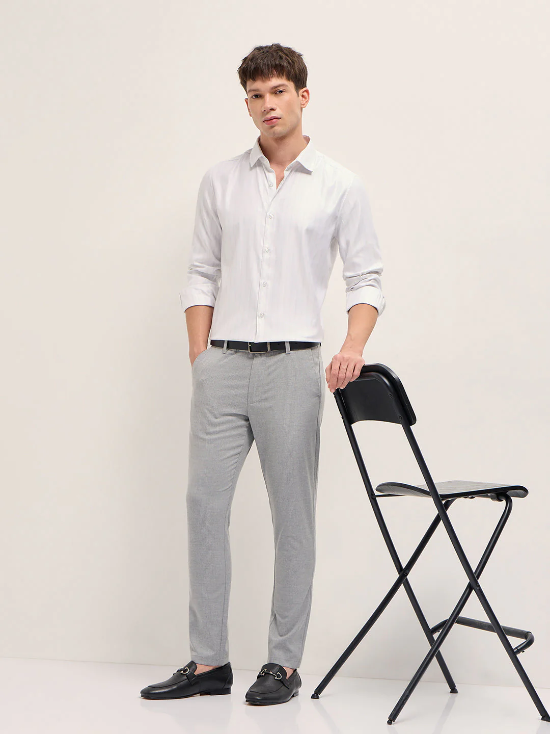 Men White Woven Stripe Pattern Tailored Fit Formal Shirt - Image 4