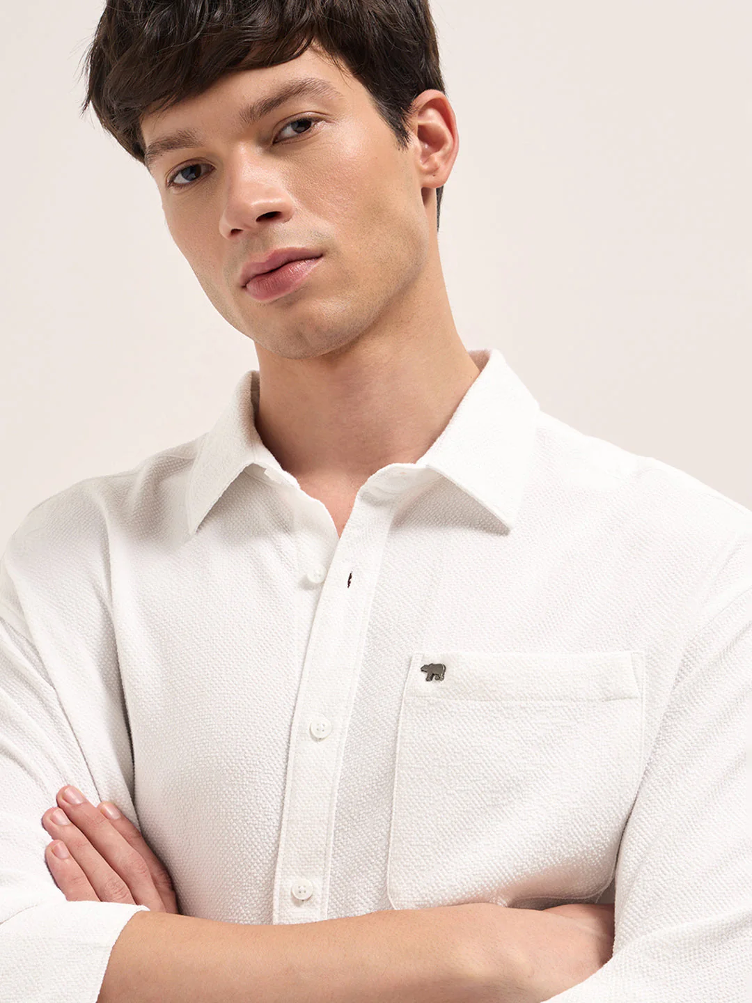 Men White Woven Textured Relaxed Fit Casual Shirt - Image 5