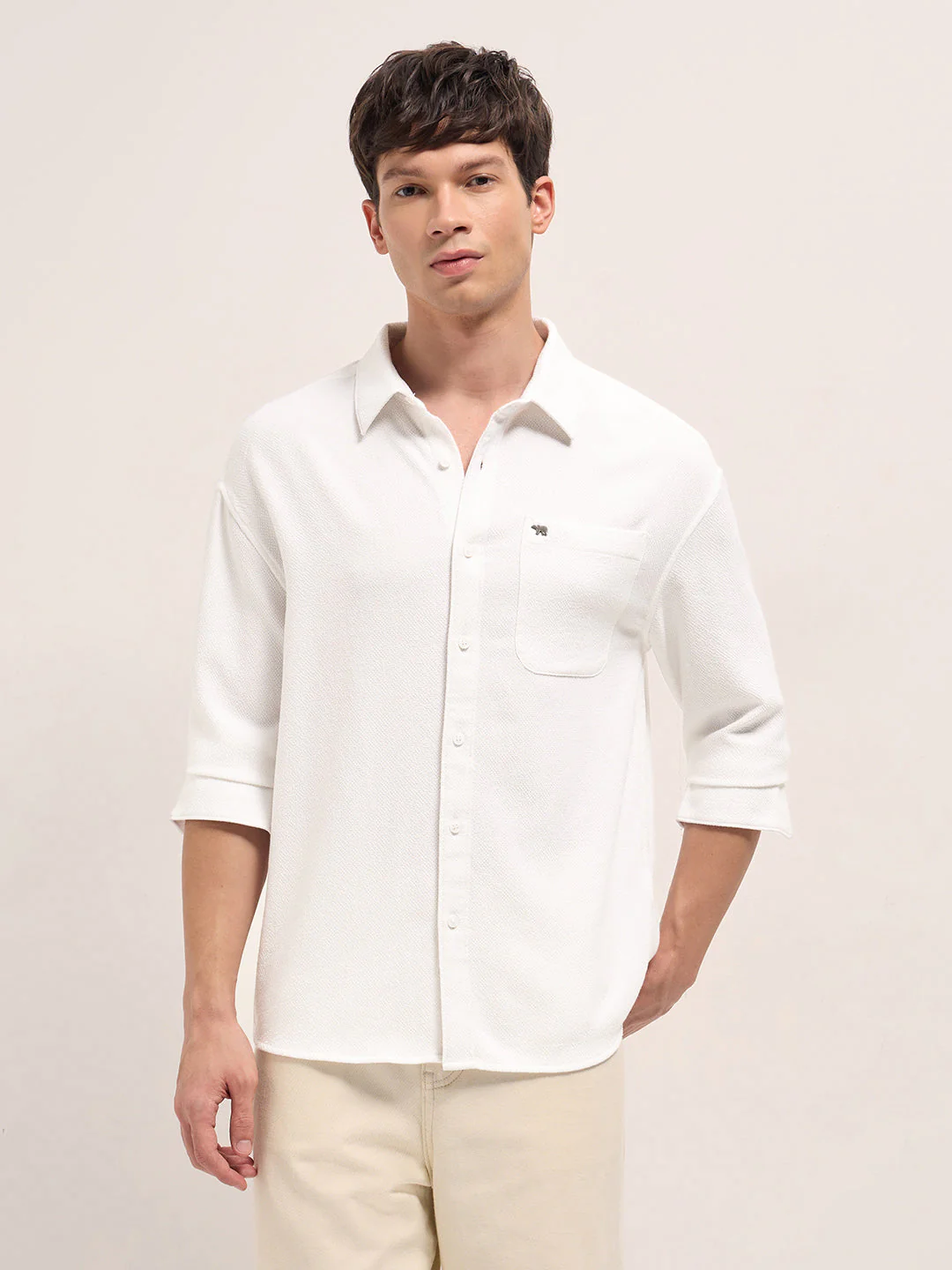 Men White Woven Textured Relaxed Fit Casual Shirt - Image 6