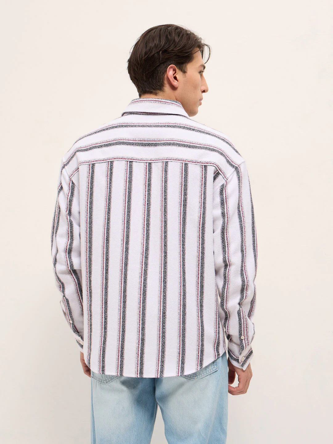 Men White Woven Vertical Stripe Design Relax Fit Overshirt - Image 2