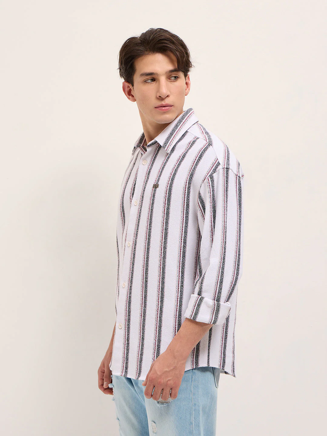 Men White Woven Vertical Stripe Design Relax Fit Overshirt - Image 3