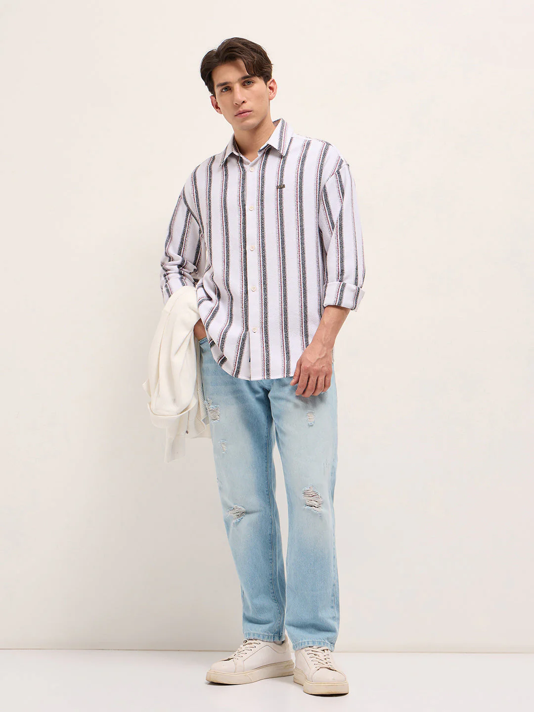 Men White Woven Vertical Stripe Design Relax Fit Overshirt - Image 4