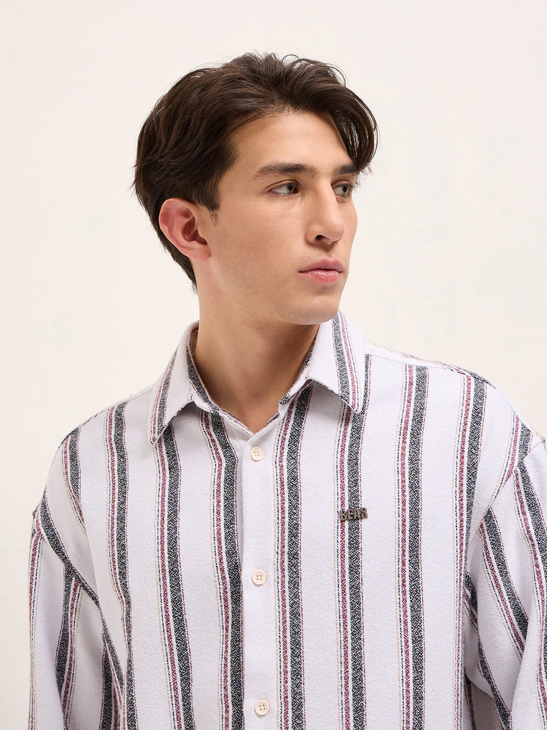 Men White Woven Vertical Stripe Design Relax Fit Overshirt - Image 5
