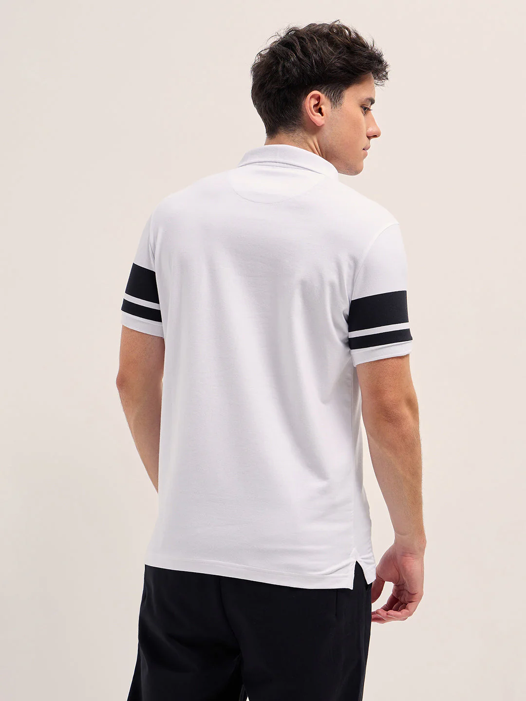 Men WhiteBlack Stripes Regular Fit Polo T-shirt - Image 2