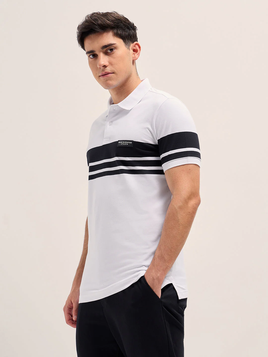 Men WhiteBlack Stripes Regular Fit Polo T-shirt - Image 3