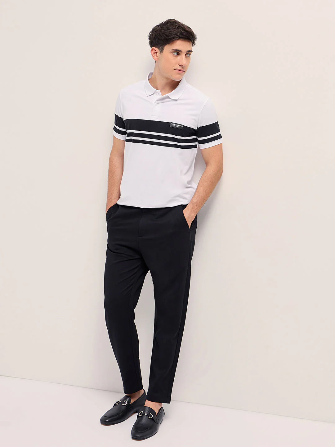 Men WhiteBlack Stripes Regular Fit Polo T-shirt - Image 4