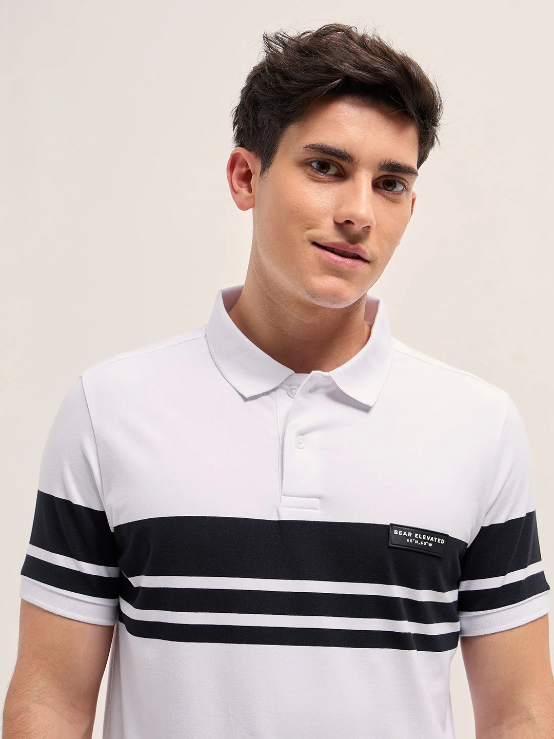 Men WhiteBlack Stripes Regular Fit Polo T-shirt - Image 5