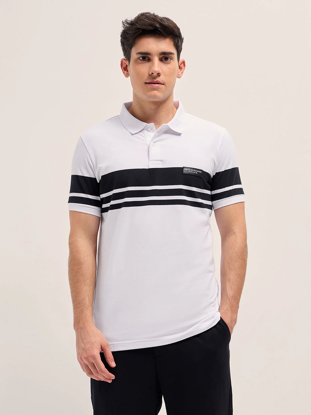 Men WhiteBlack Stripes Regular Fit Polo T-shirt - Image 6