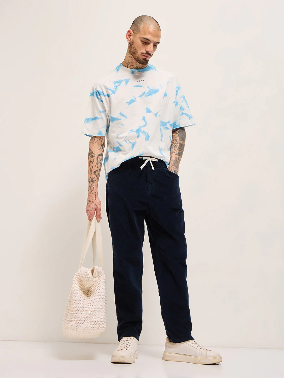 Men WhiteBlue Tie-Dye Oversize Crew Neck T-shirt - Image 4