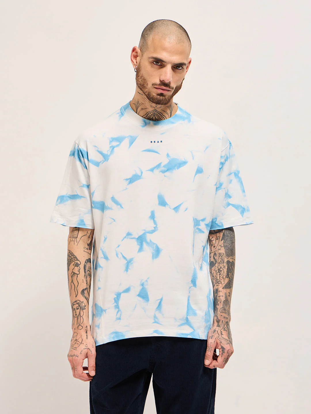 Men WhiteBlue Tie-Dye Oversize Crew Neck T-shirt - Image 6