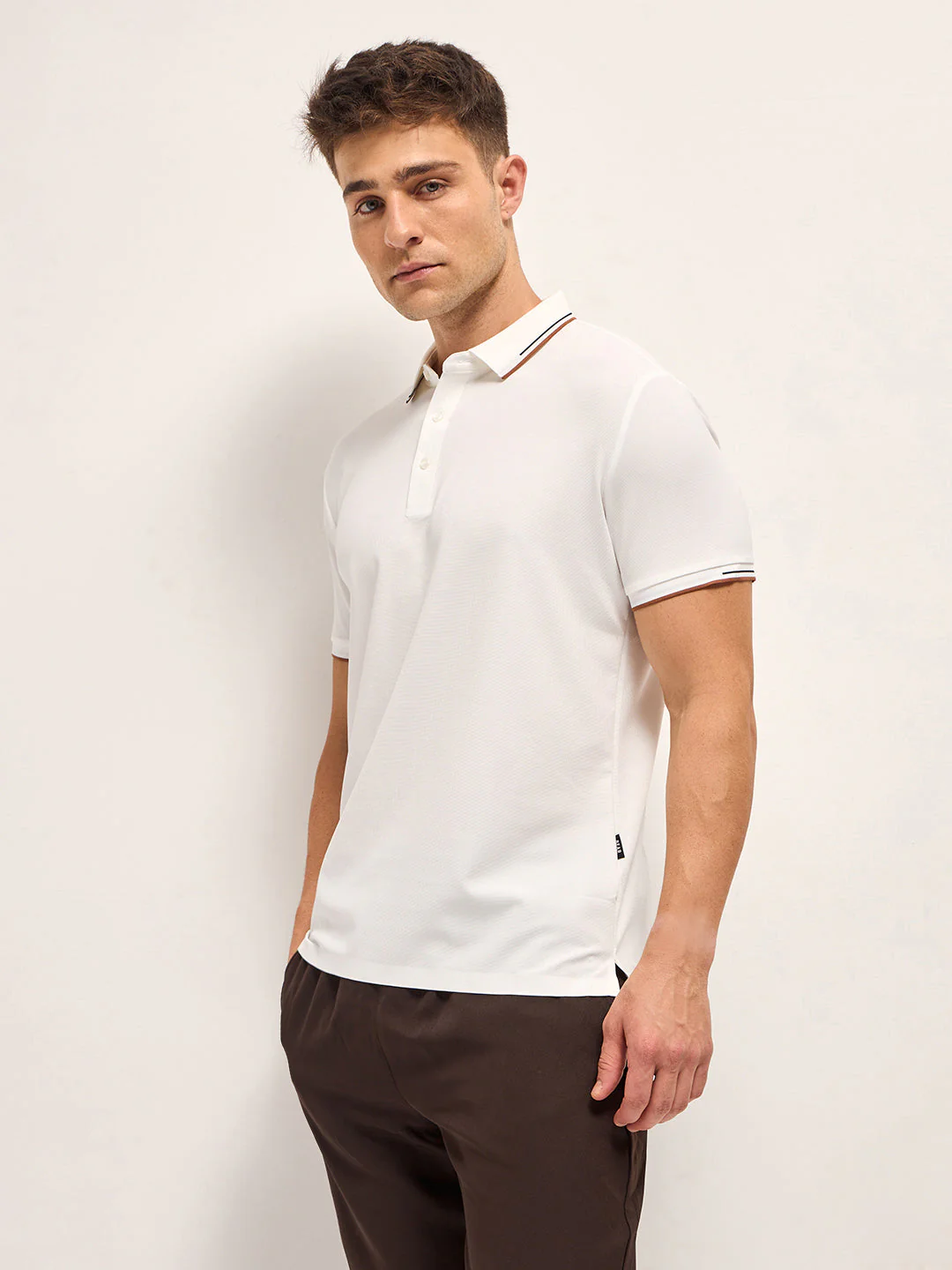 Men WhiteContrast Piping Slim Fit Polo T-shirt - Image 3