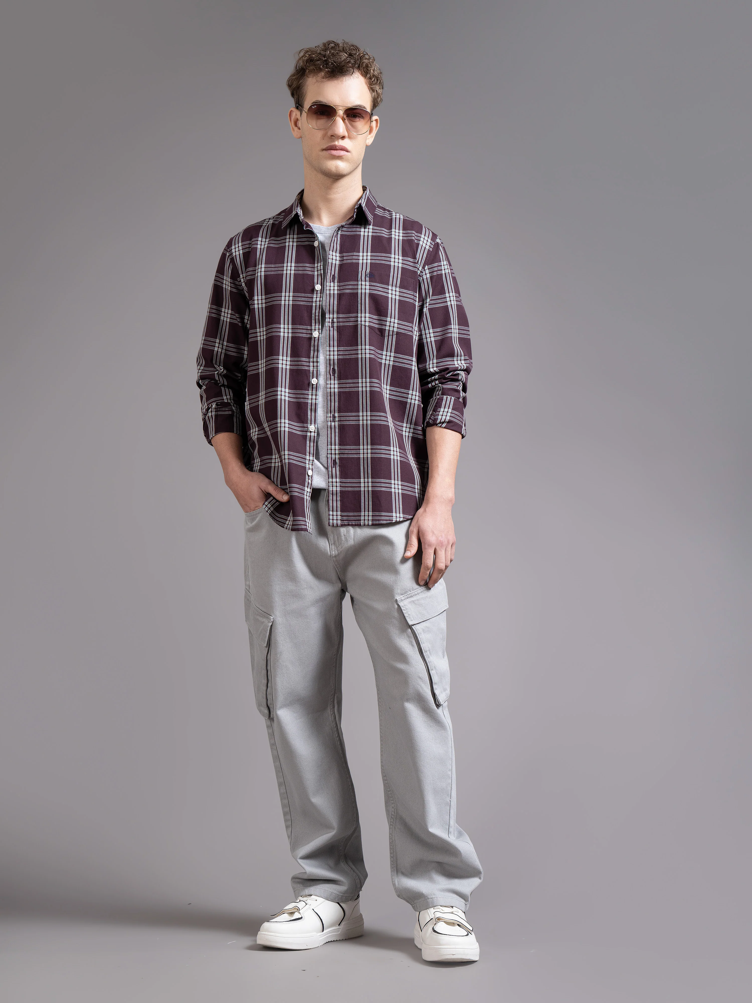 Men Wine Checked Shirt - Image 4