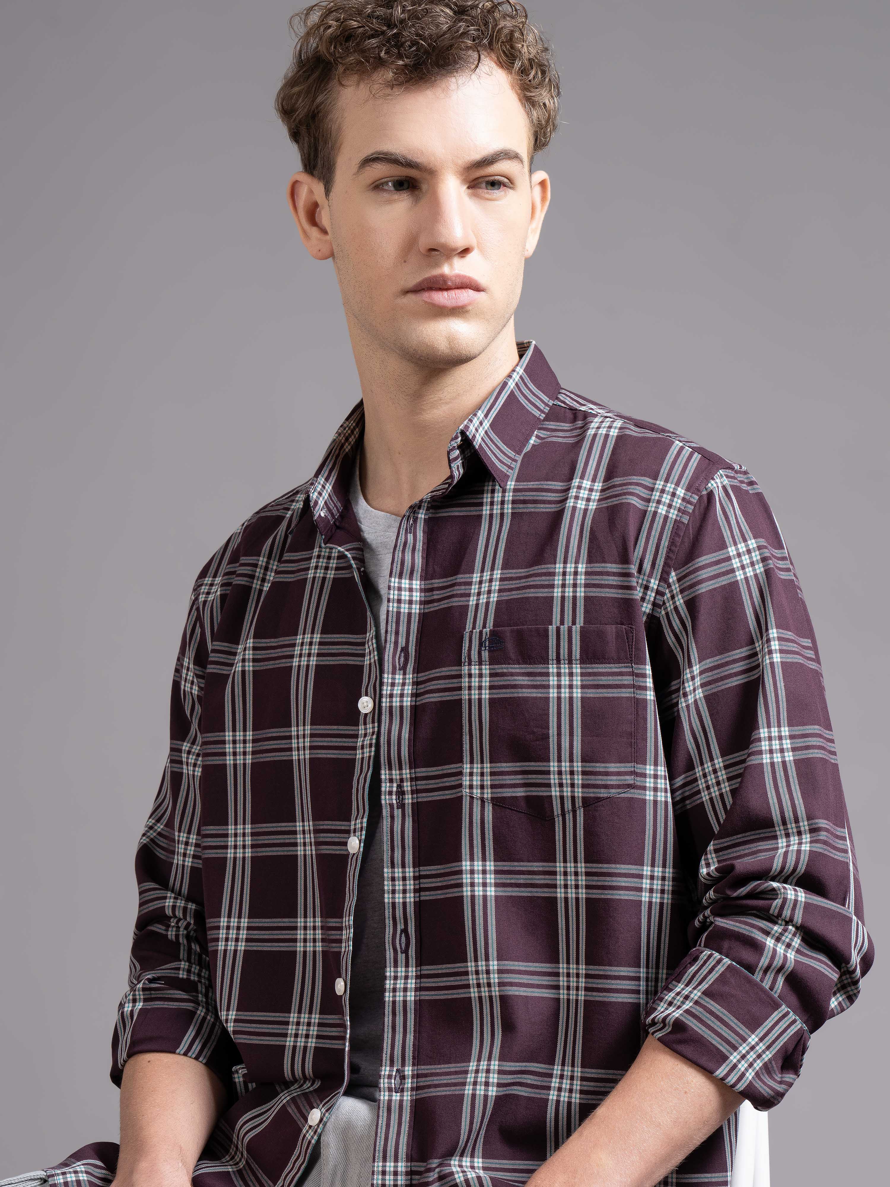 Men Wine Checked Shirt - Image 5