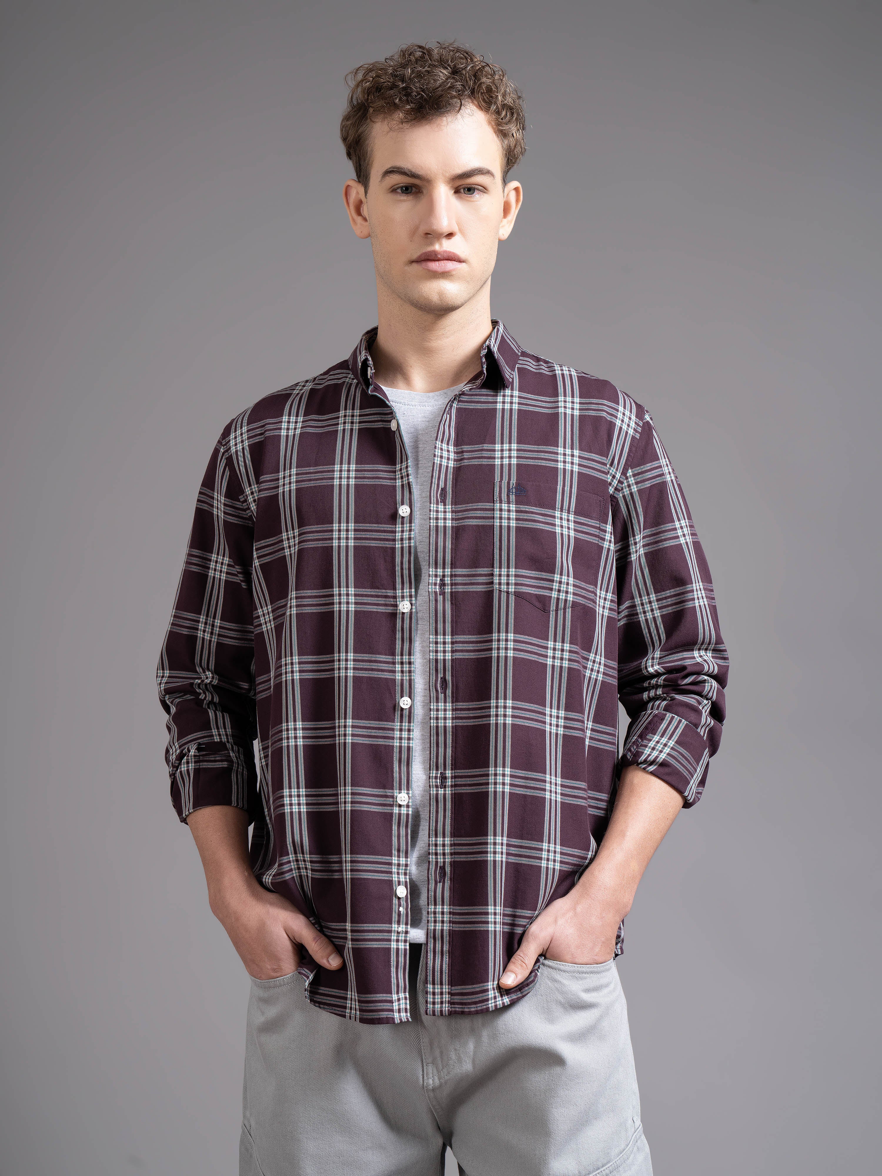 Men Wine Checked Shirt - Image 6