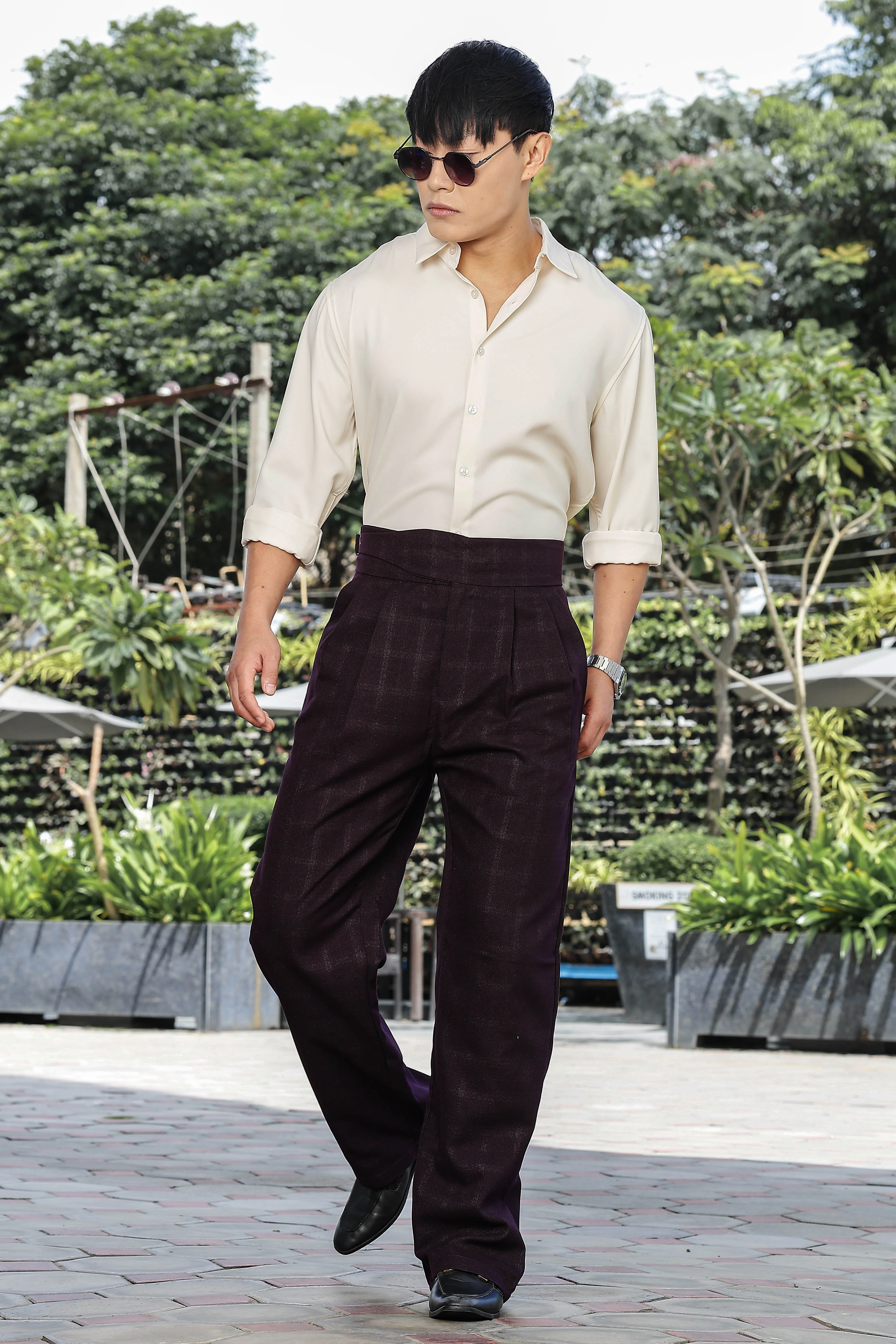 Men Wine Pleated Gurkha Trousers - Image 8