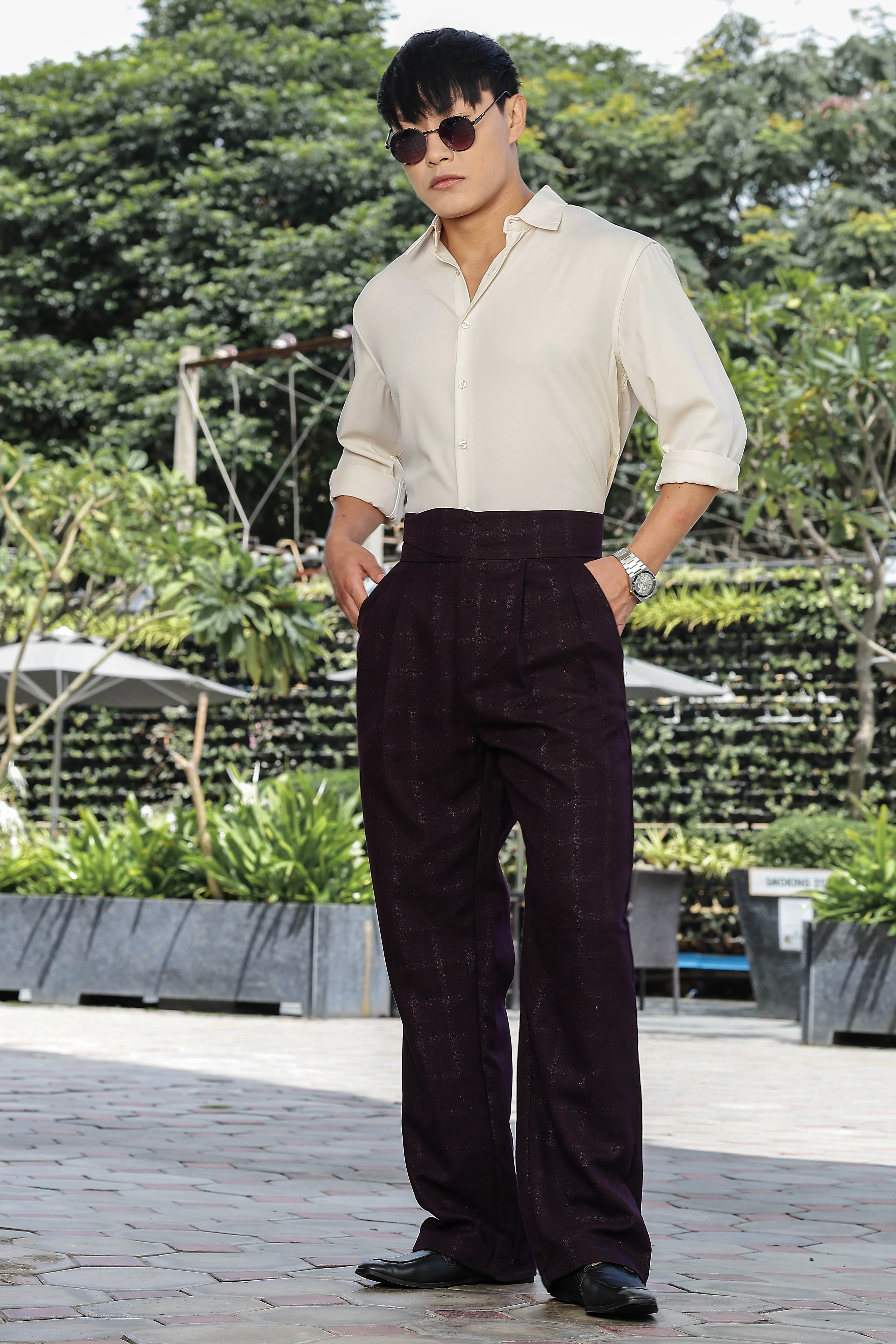 Men Wine Pleated Gurkha Trousers - Image 9