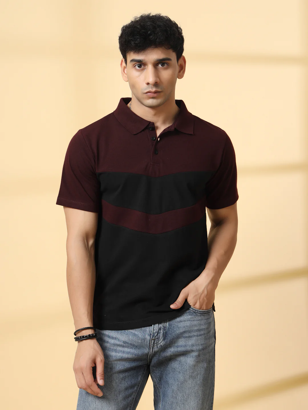 Men Wine Textured Polo T-Shirt - Image 2
