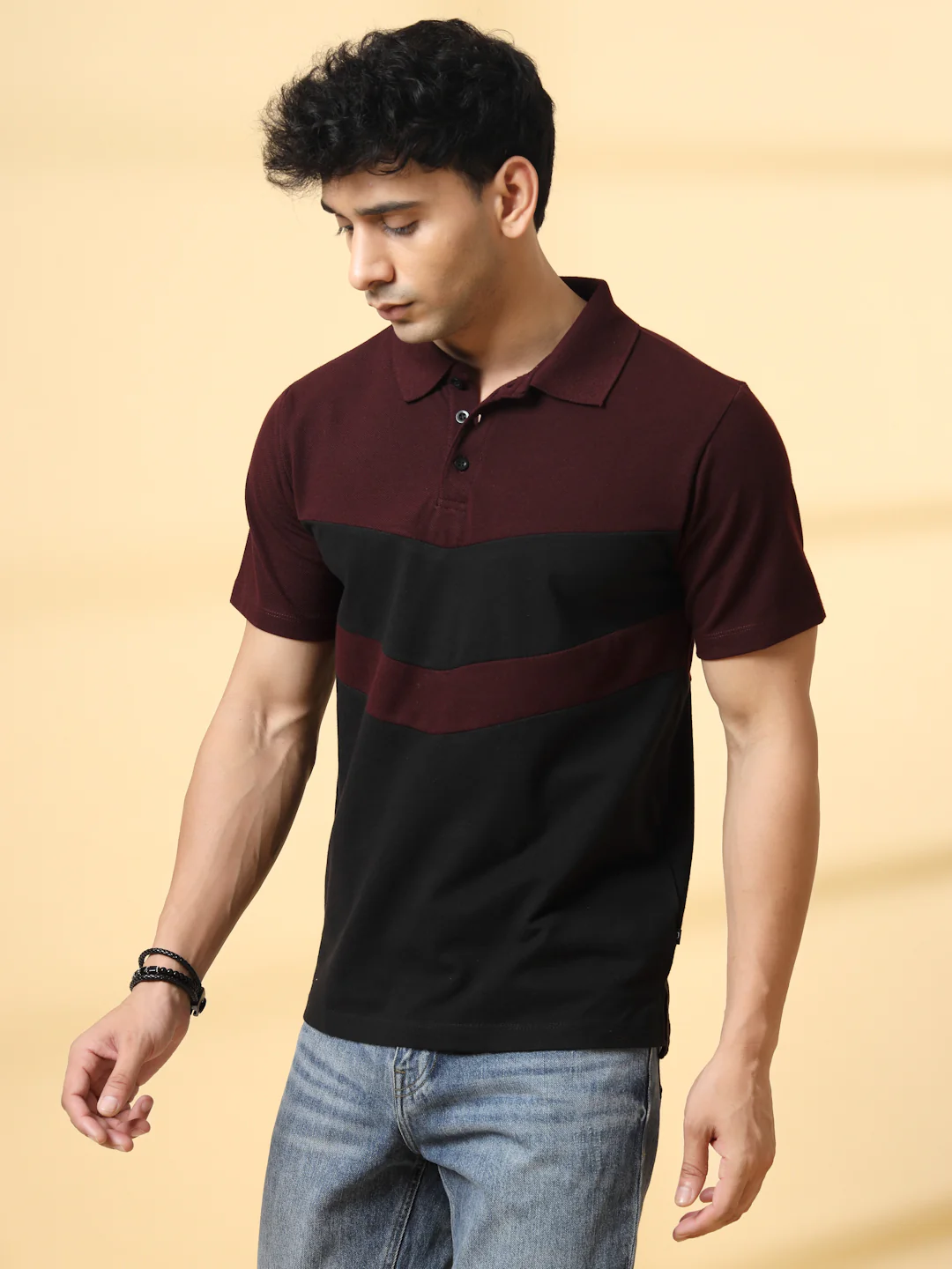 Men Wine Textured Polo T-Shirt - Image 3