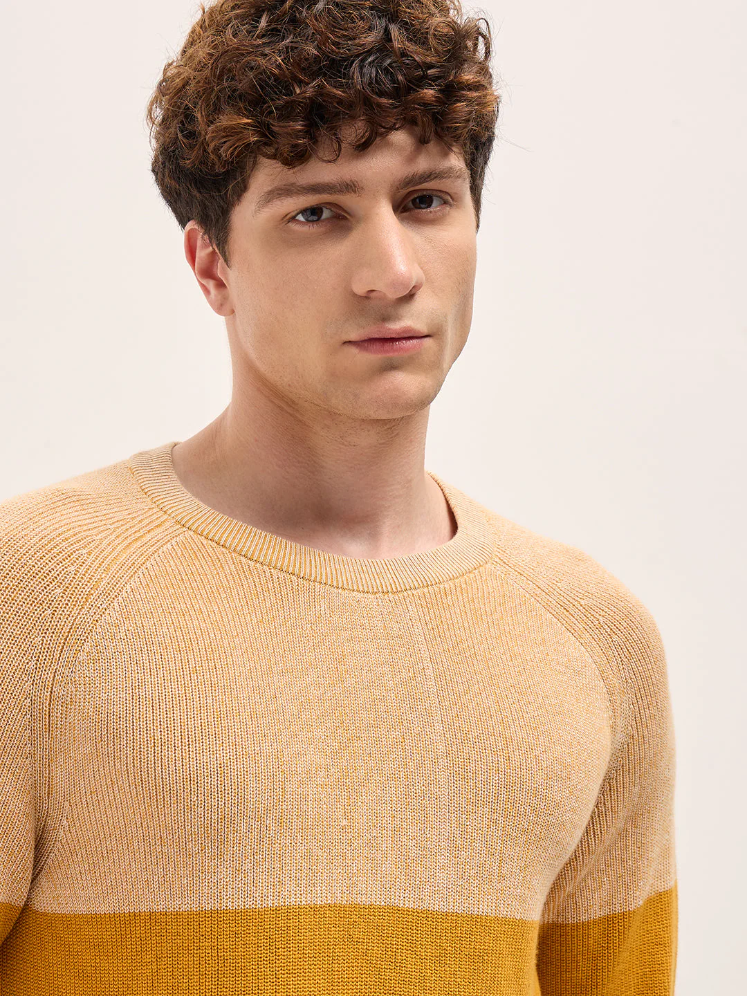 Men Yellow Color-Block Textured Knit Crew Neck T-Shirt - Image 5