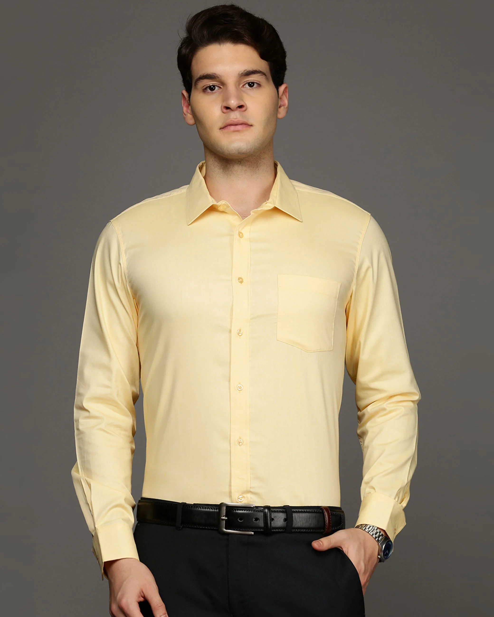 Men Yellow Cotton Blend Slim Shirt - Image 2
