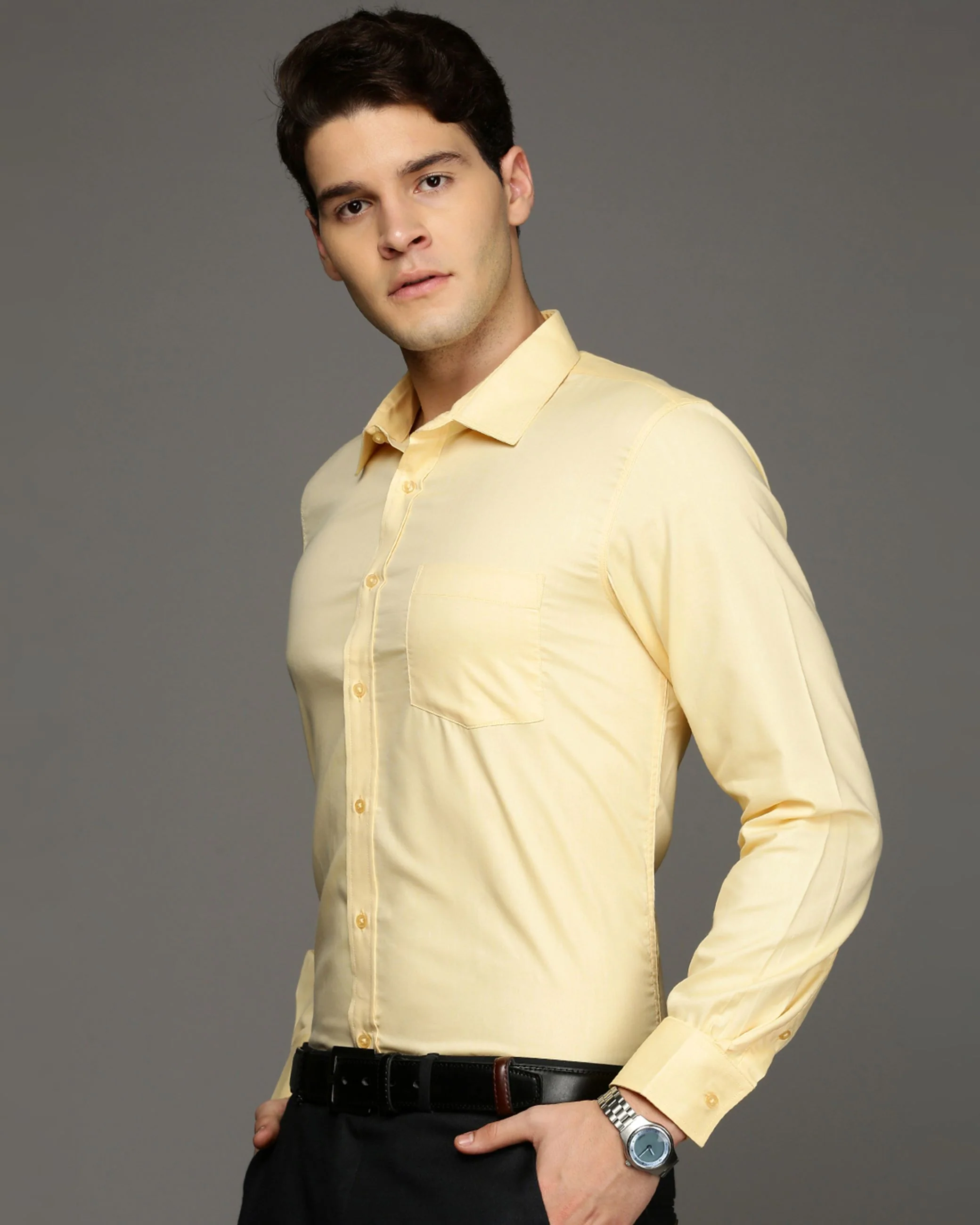 Men Yellow Cotton Blend Slim Shirt - Image 3