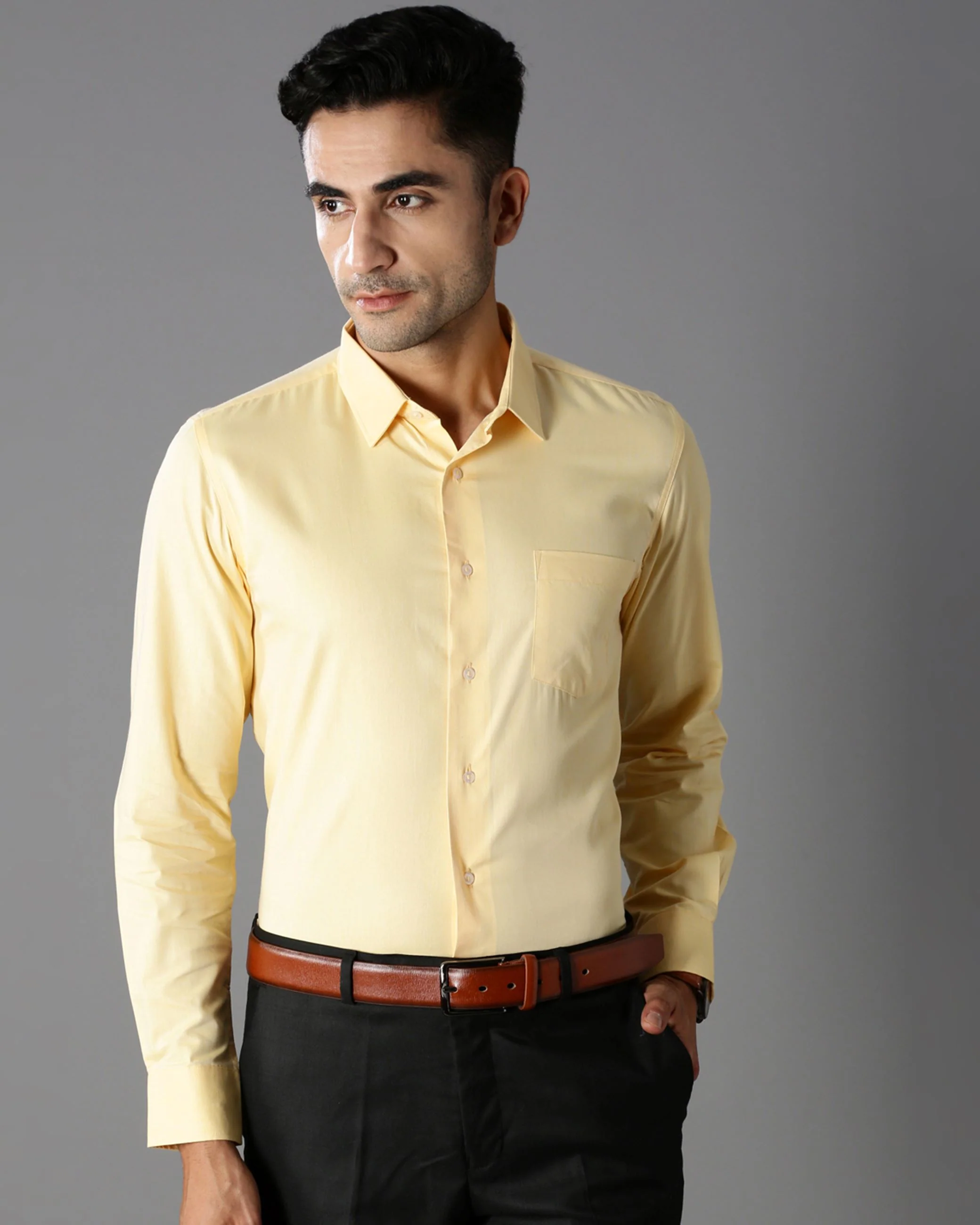 Men Yellow Cotton Blend Slim Shirt - Image 2