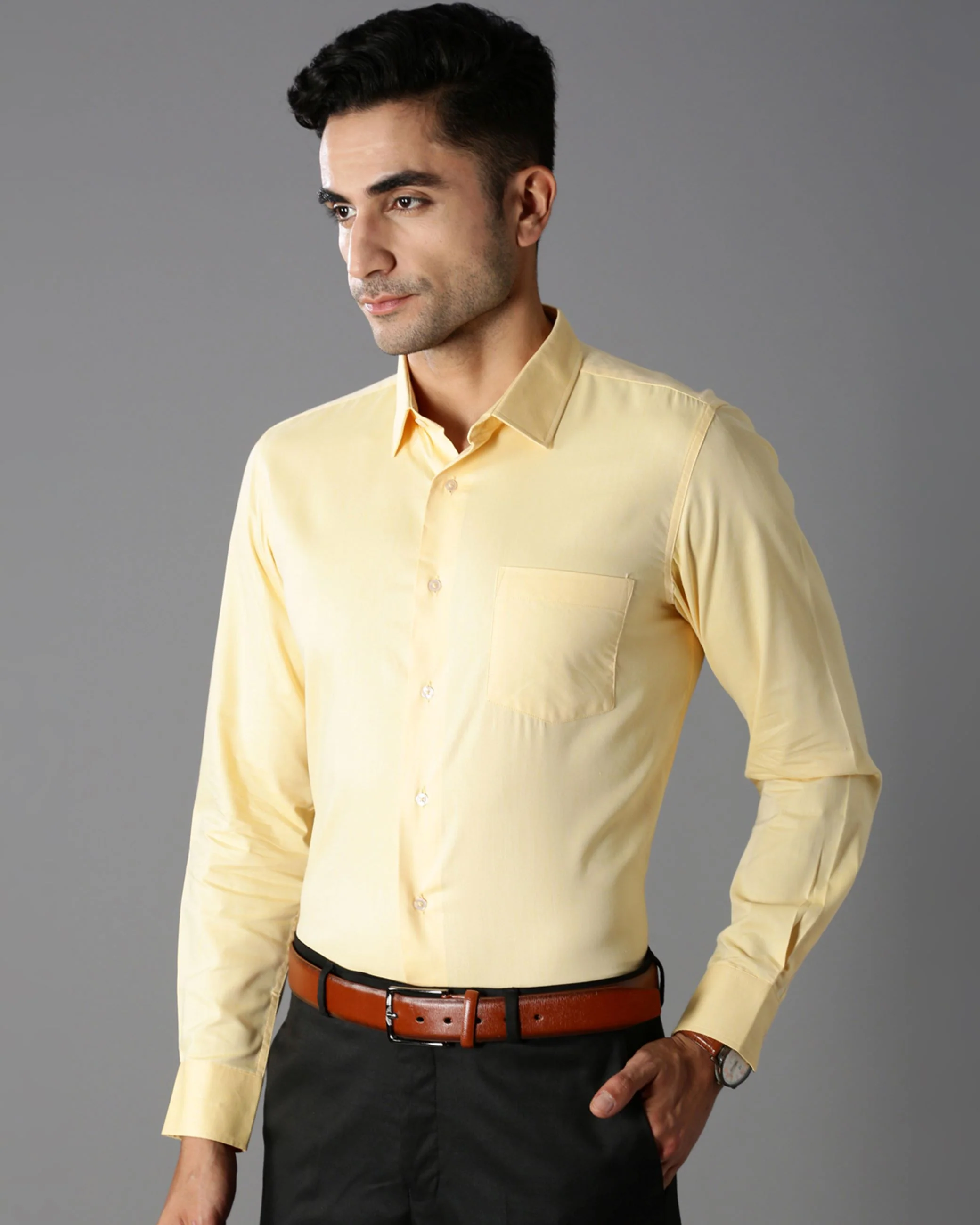 Men Yellow Cotton Blend Slim Shirt - Image 3