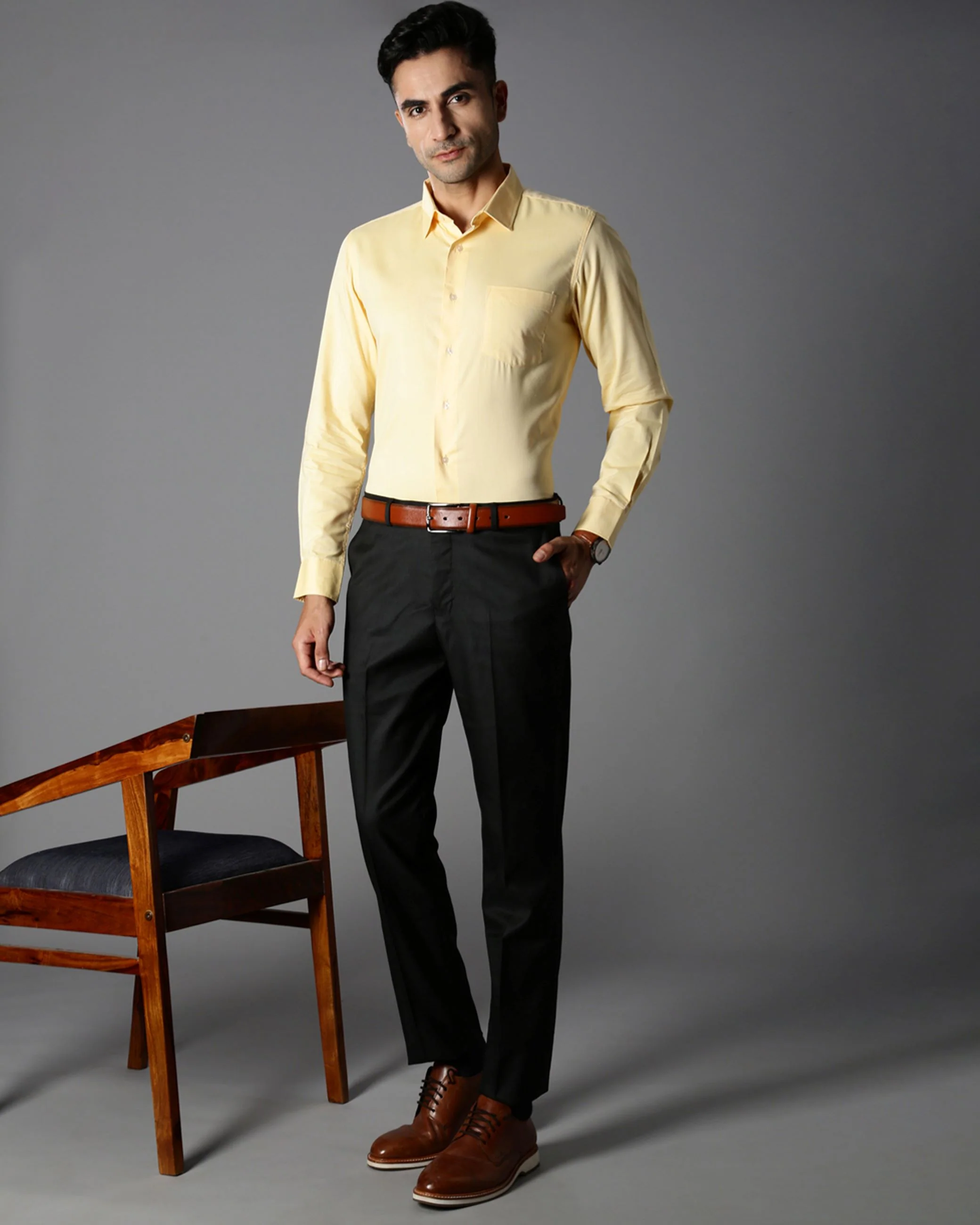 Men Yellow Cotton Blend Slim Shirt - Image 5