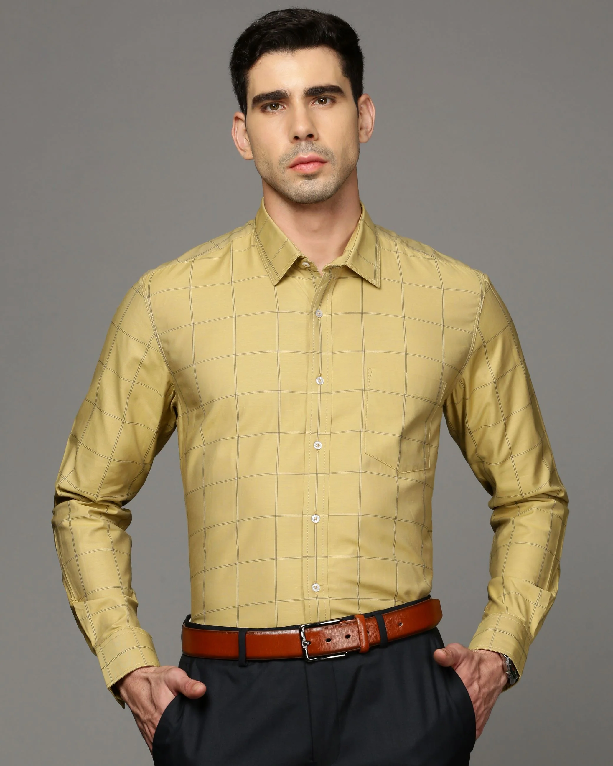 Men Yellow Cotton Blend Slim Shirt - Image 2