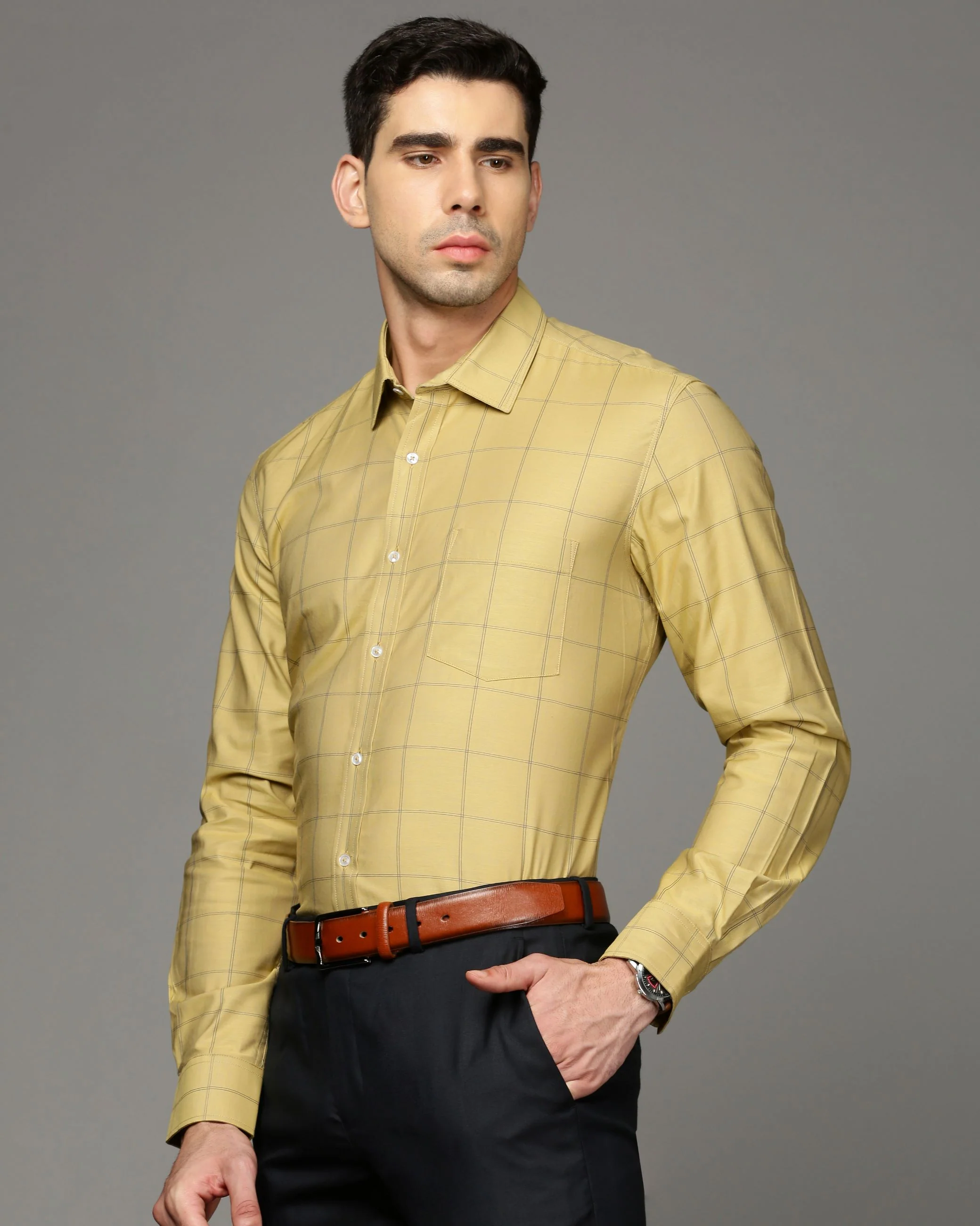 Men Yellow Cotton Blend Slim Shirt - Image 3
