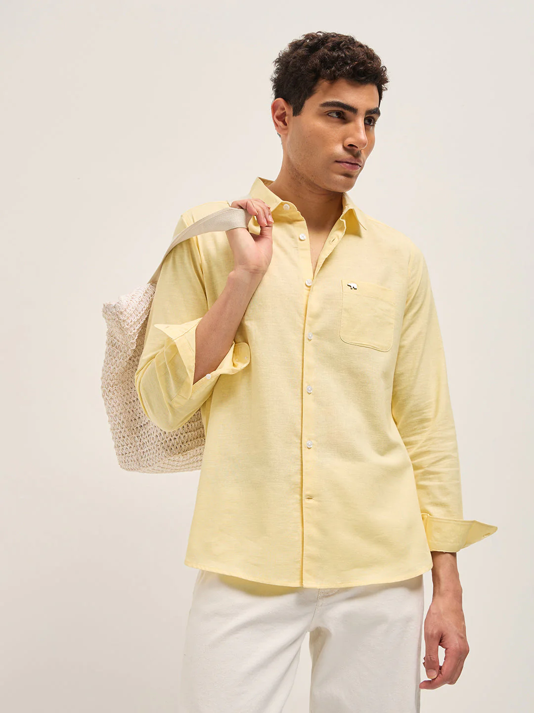 Men Yellow Cotton Linen Slim Fit Solid Casual Shirt - Image 3