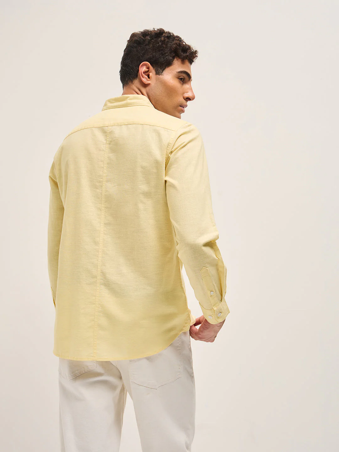Men Yellow Cotton Linen Slim Fit Solid Casual Shirt - Image 4