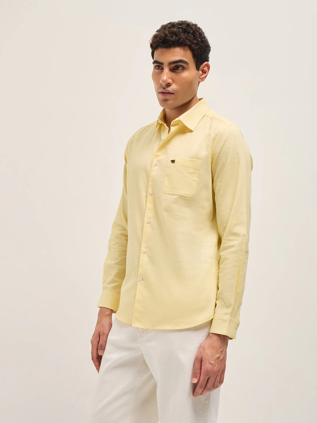 Men Yellow Cotton Linen Slim Fit Solid Casual Shirt - Image 5