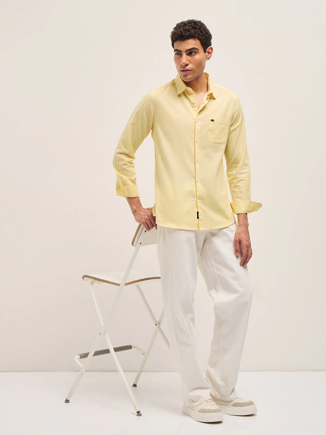 Men Yellow Cotton Linen Slim Fit Solid Casual Shirt - Image 6