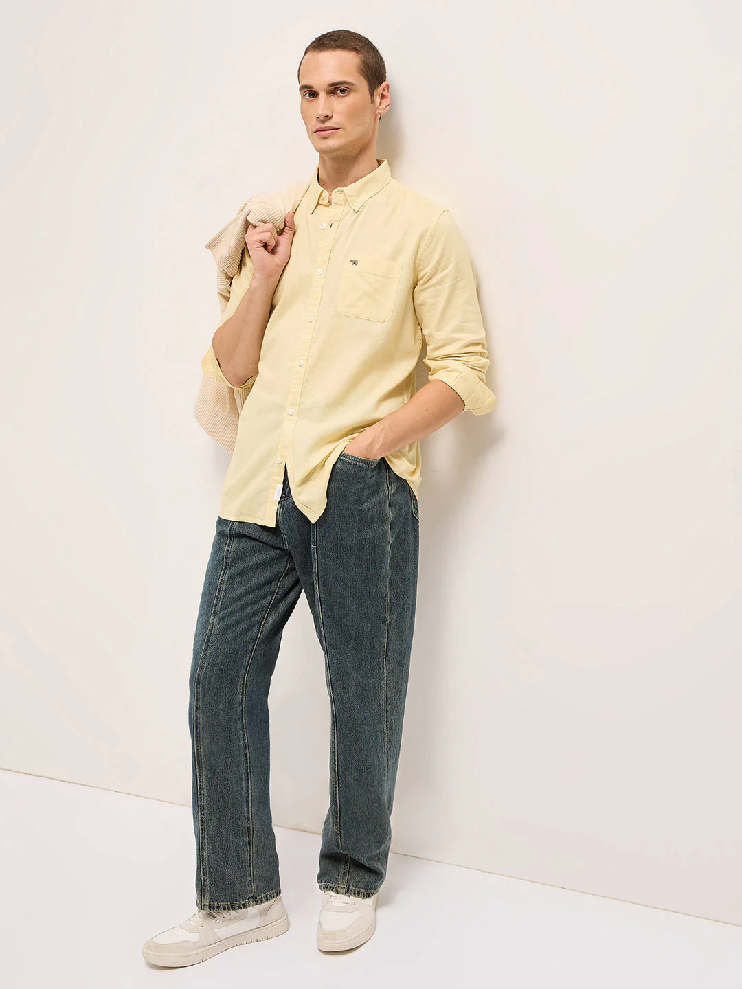 Men Yellow Cotton Linen Solid Slim Fit Casual Shirt - Image 4